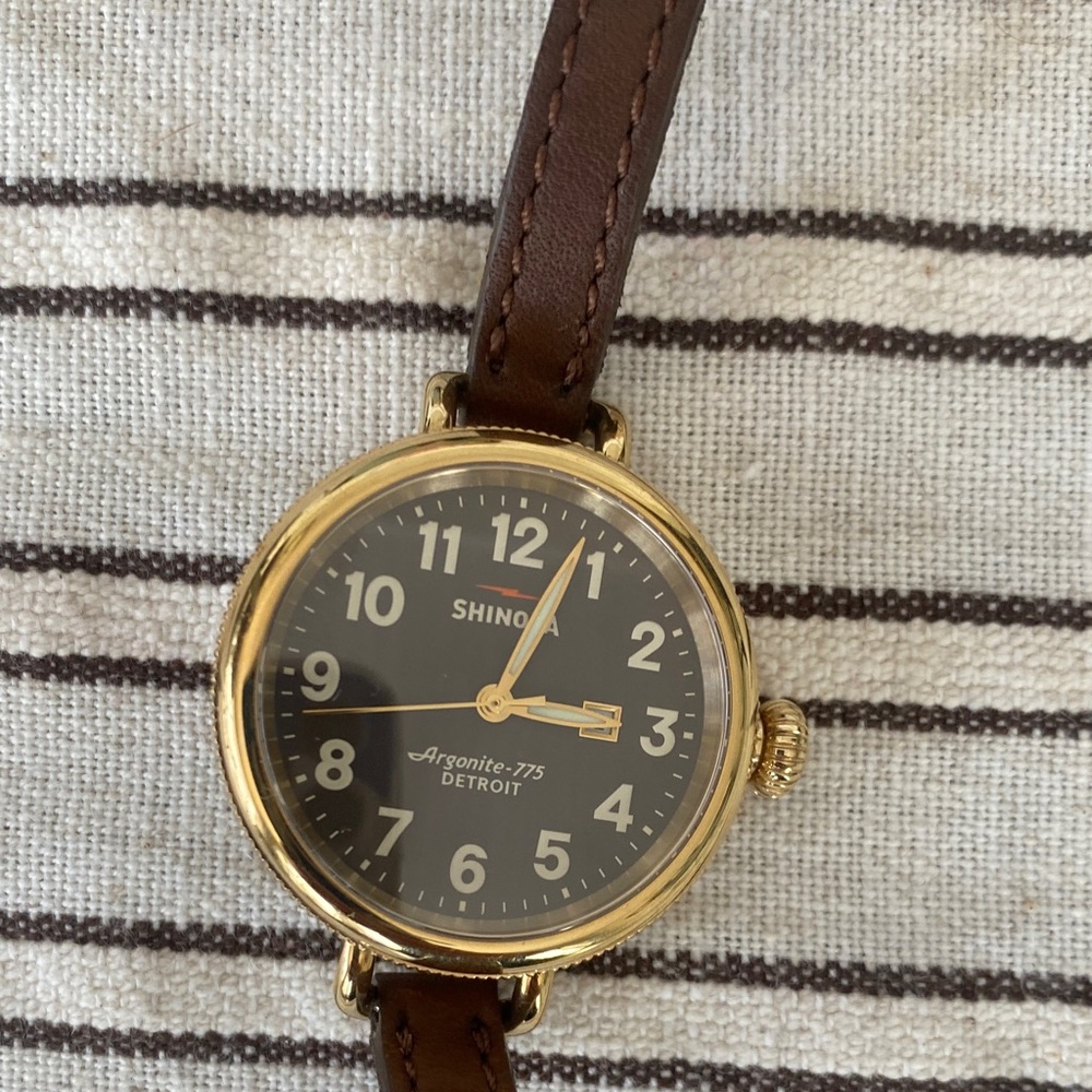 Shinola Gold Case Watch with Brown Leather Strap
